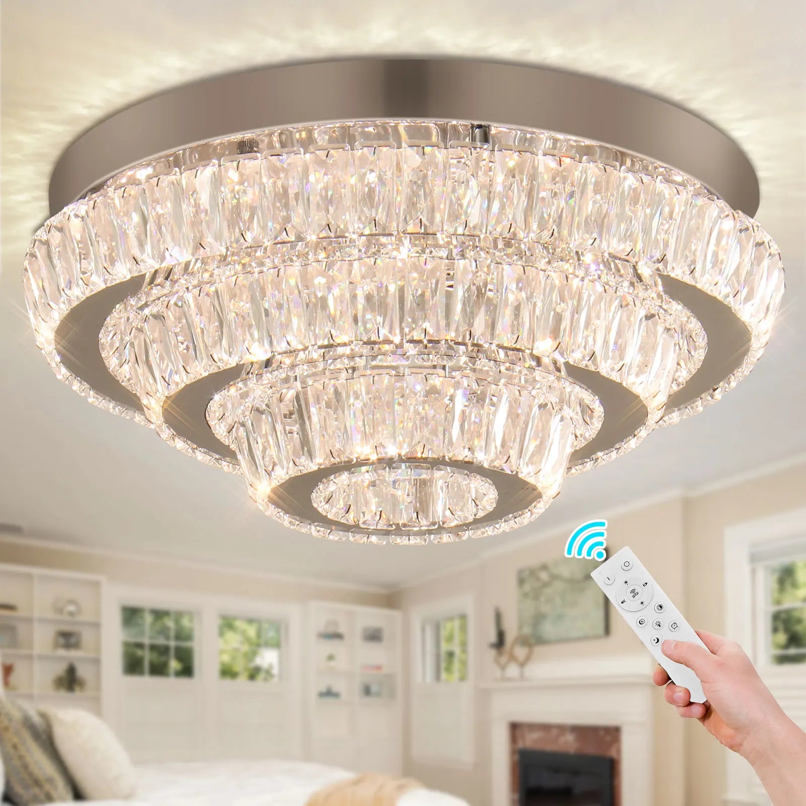 Dimmable Modern K9 Crystal Ceiling Chandelier 3-Color Indoor Crystal Pendant Light Fixture Round  Home Art Decor for Room Use
