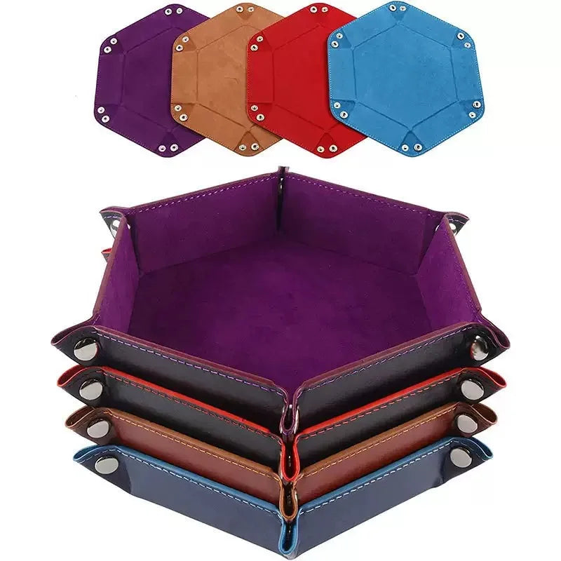 Colorful 17.5*17.5 cm PU Leather Velvet Material DND Dice Tray 6 Faces Hexagonal Tray Smaller Sizes for Packaging Printing