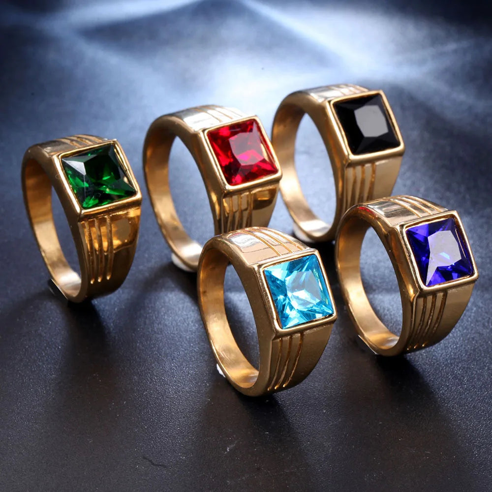 Latest Design Trendy Titanium Gemstone Ring Hip Hop Cubic Square Shape Zircon Rings for Men