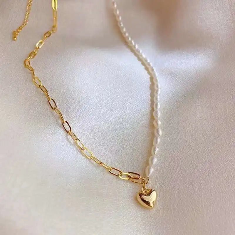 Hot S925 Sterling Silver Love Heart Chain with 5-6mm Millet Shaped Freshwater Pearl Necklace Ladies AB Chain