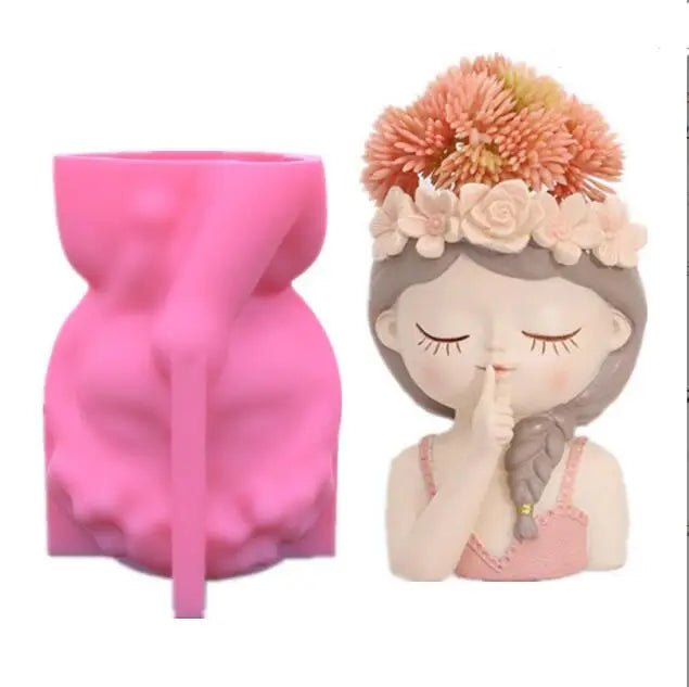 HY 3D Beautiful Girl Head Concrete Plaster Flower Pot Silicone Mold Succulent Planter Vase Cement Clay Mold