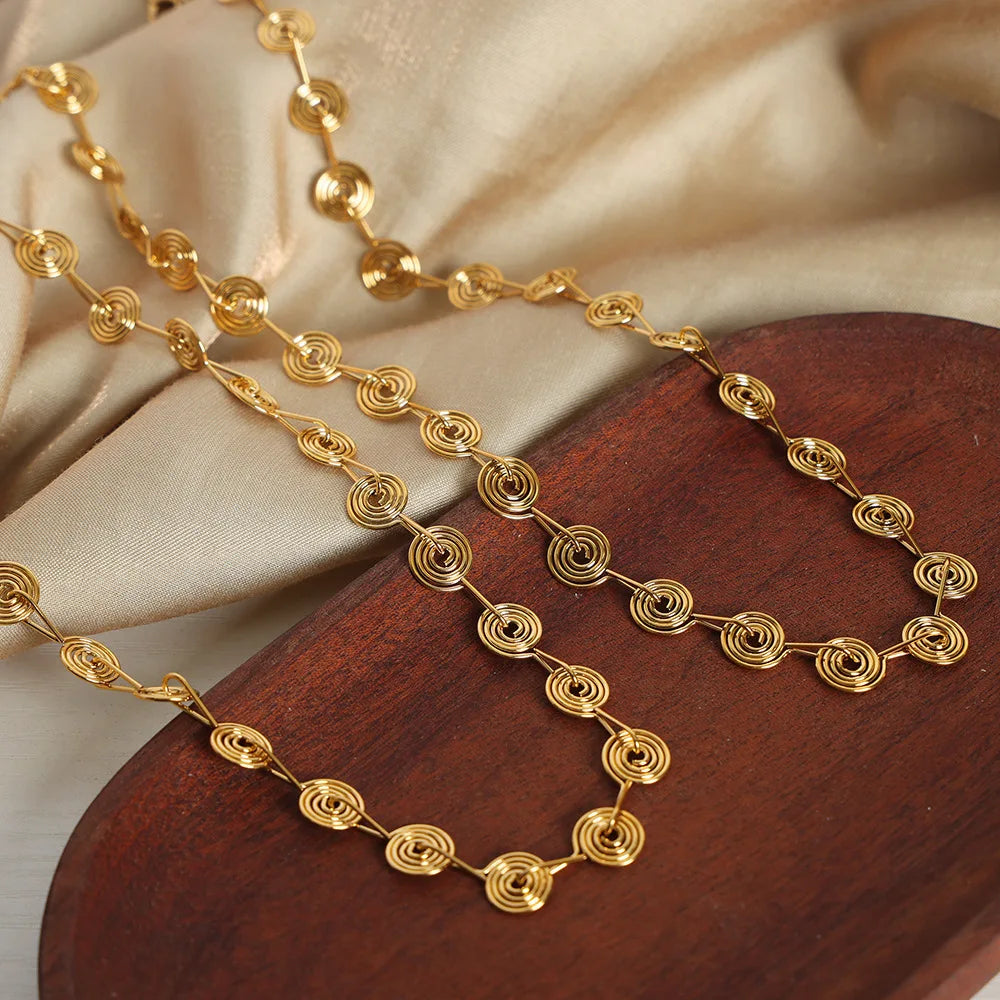 YF3898 Stainless Steel Niche Unique Waterproof Jewelry Set 18k Gold Plated Geometric Spiral Disk Necklace Non Tarnish Bracelet
