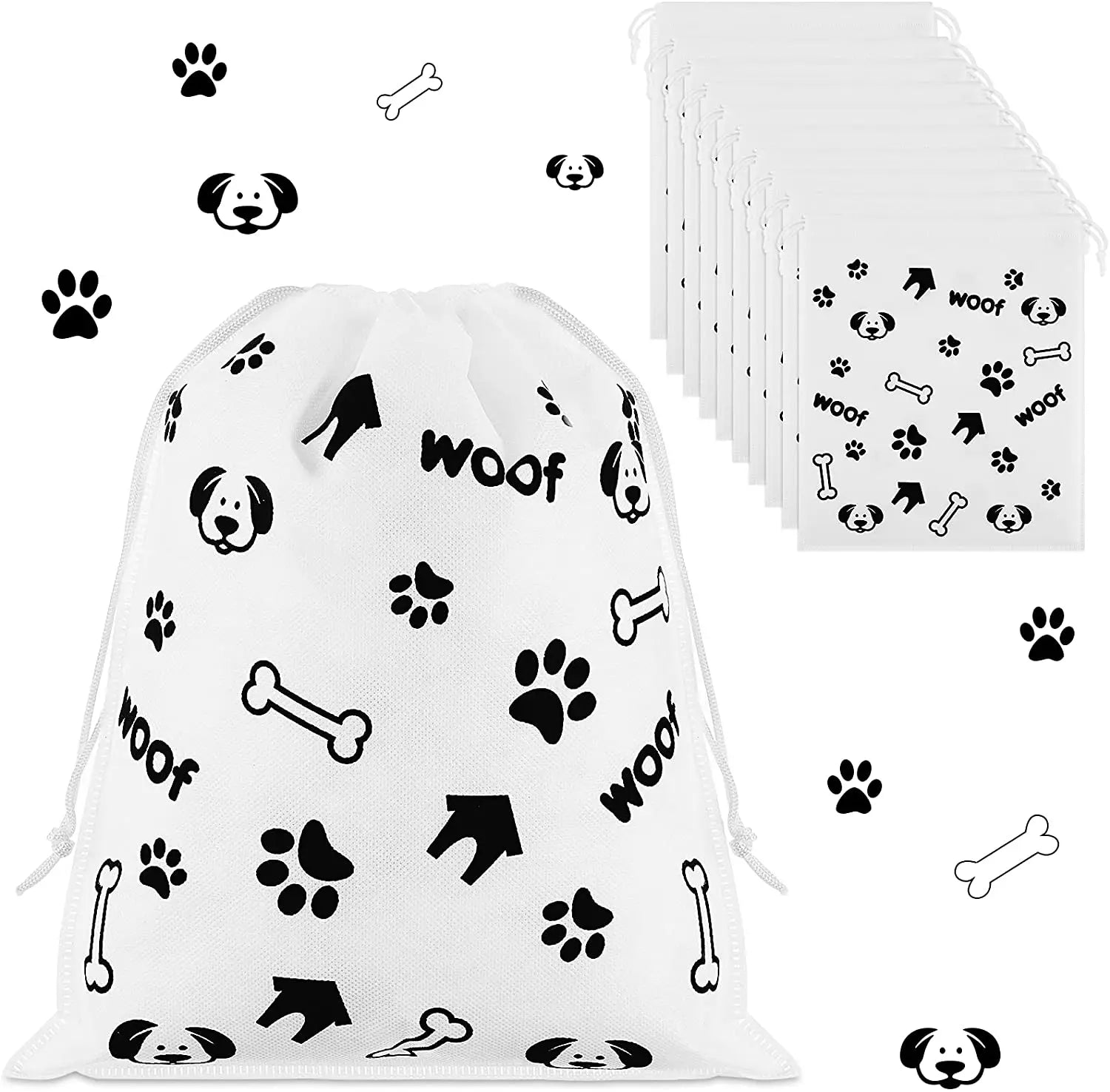 Animal Theme Puppy Drawstring Carrier Bags Non-Woven Paw Print Goodie Gift Bags with Letter Pattern