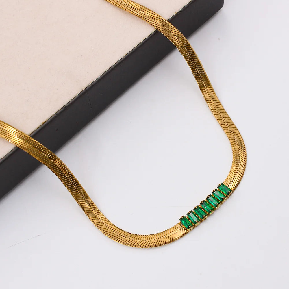 Non Tarnish 18k Gold Plated Stainless Steel Choker Necklace Punk Chunky Flat Snake Chain White Green Zircon Necklace for Women