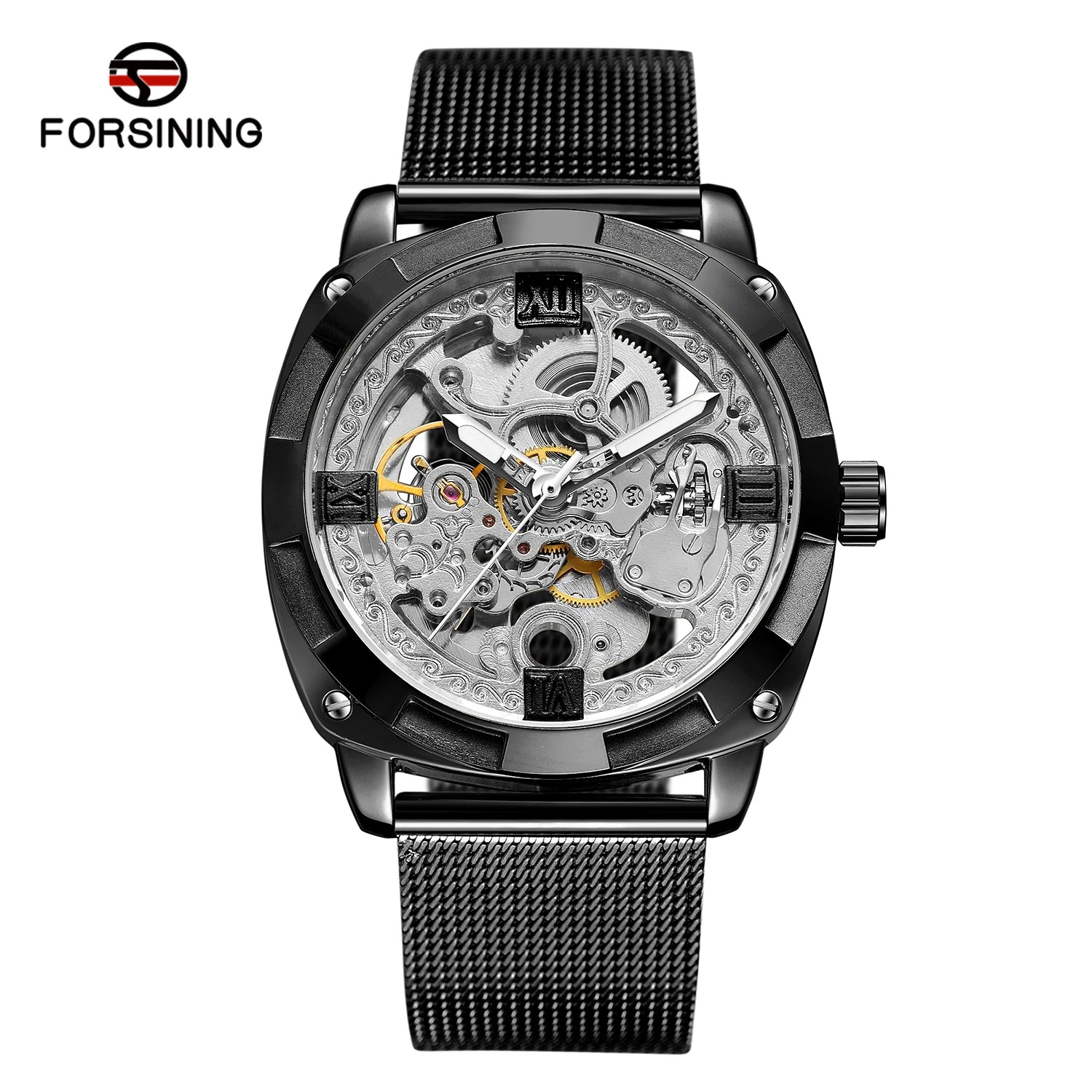 Branded Luxury Montre Homme Relogio Forsining Classic Skeleton Clock Mesh Steel Band Design Waterproof Men's Mechanical Watches