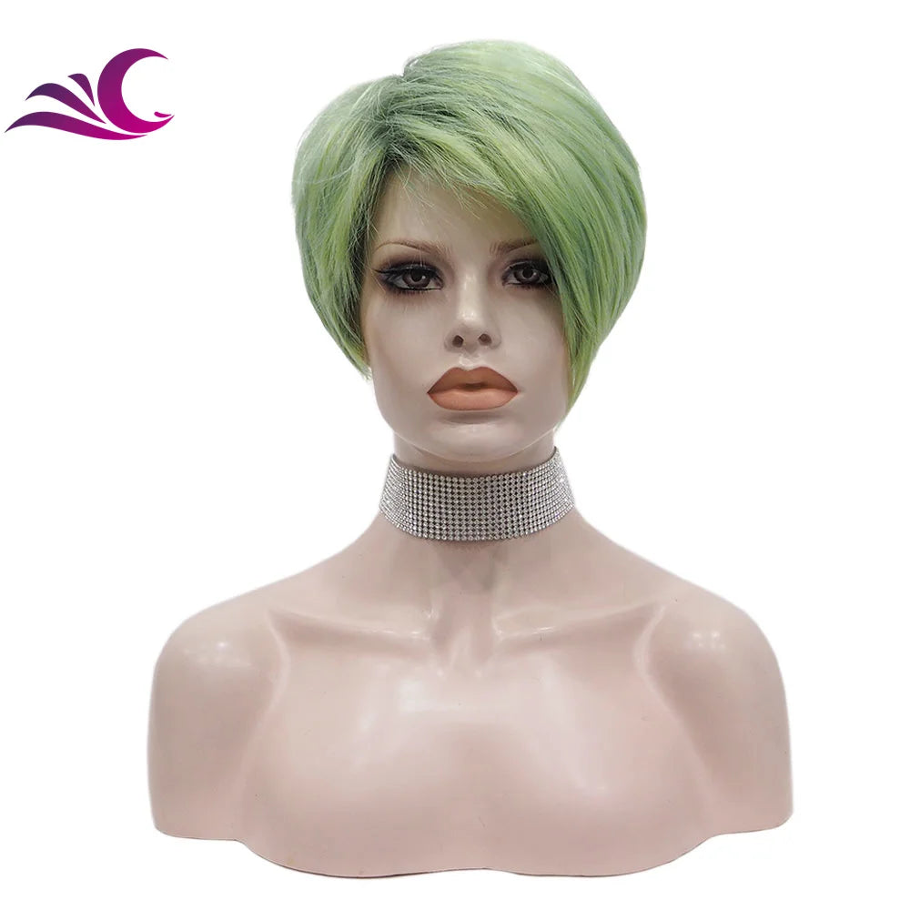 Celebrity Wholesale Popular Synthetic Ash Green Color Short Pixie Cut Fiber Synthetic Wigs