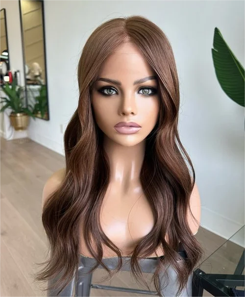 Wholesale Chinese Virgin Hair Natural Brown Color Invisible HD Lace Top Wig With Realistic Silk Liner Loose Wave Lace Front Wig
