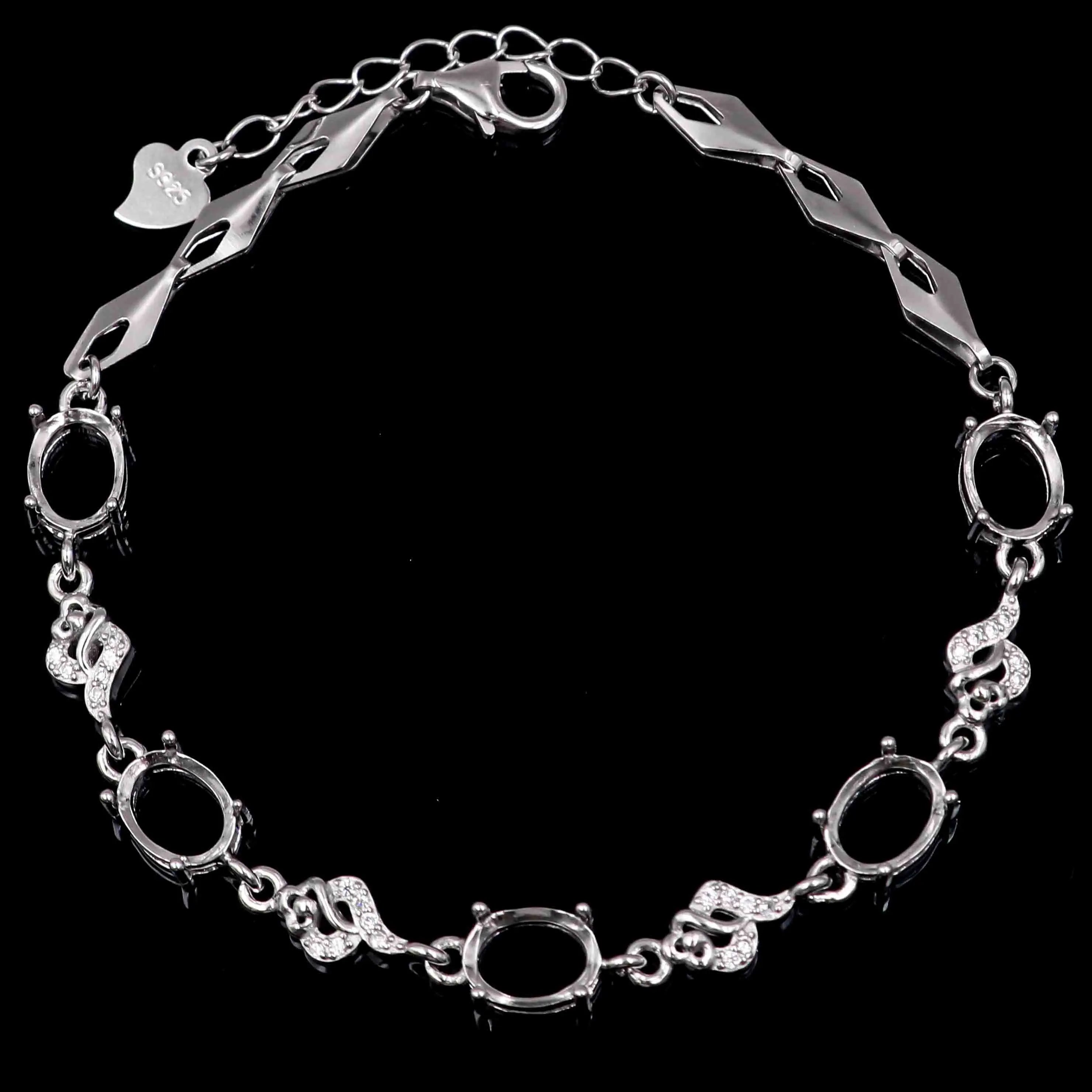 Sterling Silver 6*8mm Semi Mount Bracelet Empty Frame Blank Claws Setting S925 Base Holder Without Center Stone Inlay for DIY