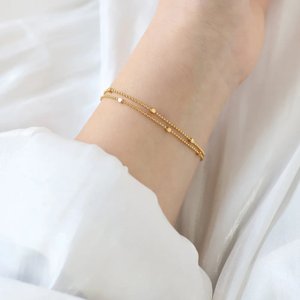 Delicate Layered Stainless Steel Simple Basic Base Jewelry Double Layer Satellite Chain Beaded Bracelet Women