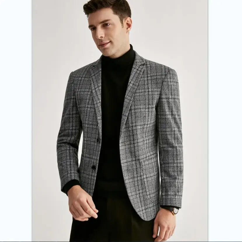 Men's Plaid Wool Suit Jacket New Youth Classic Lapel Collar Suit