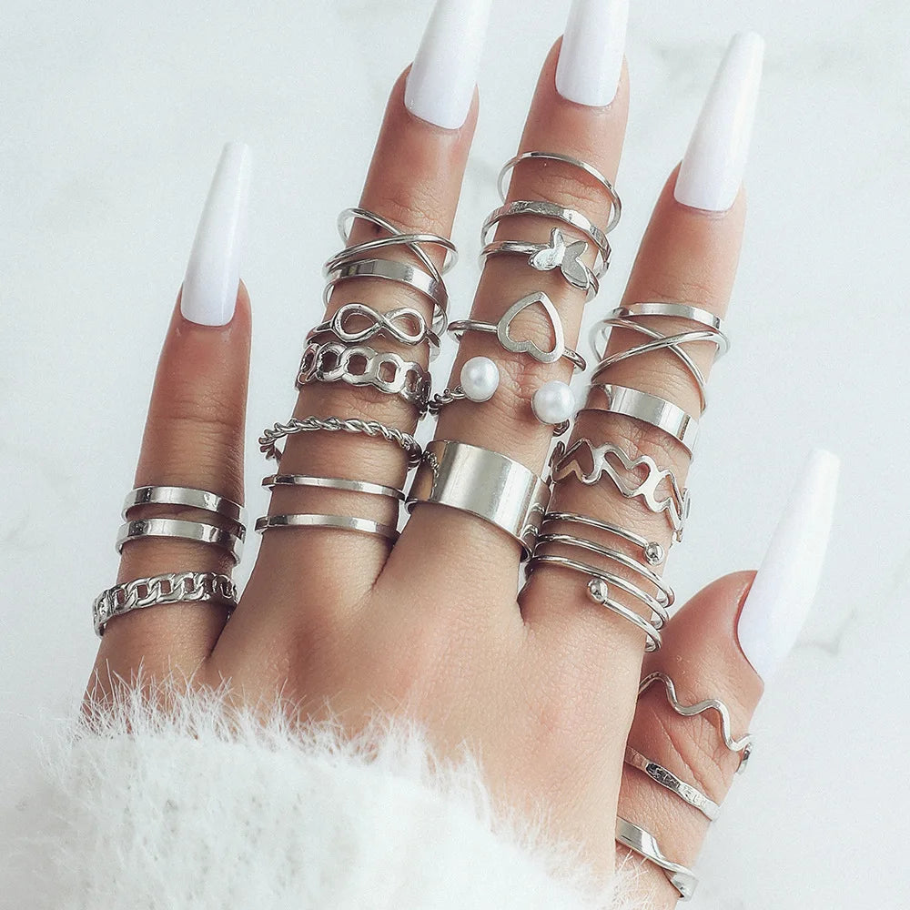14PCS/Set Fashion Pearl Love Butterfly Chain Hollow Cross Multilayer Opening Ring Set Bohemia Style Pearl Ring Set