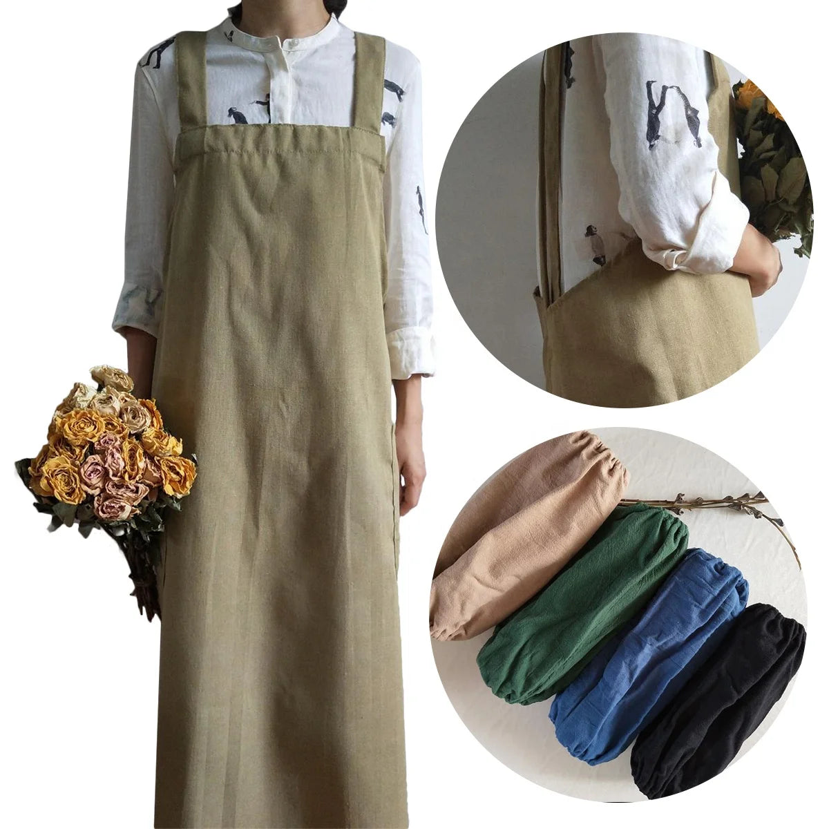 Wholesale Custom Logo Korean Japanese Grey Cotton Linen Cross Back Art Advertising Florist Dress Kitchen Aprons