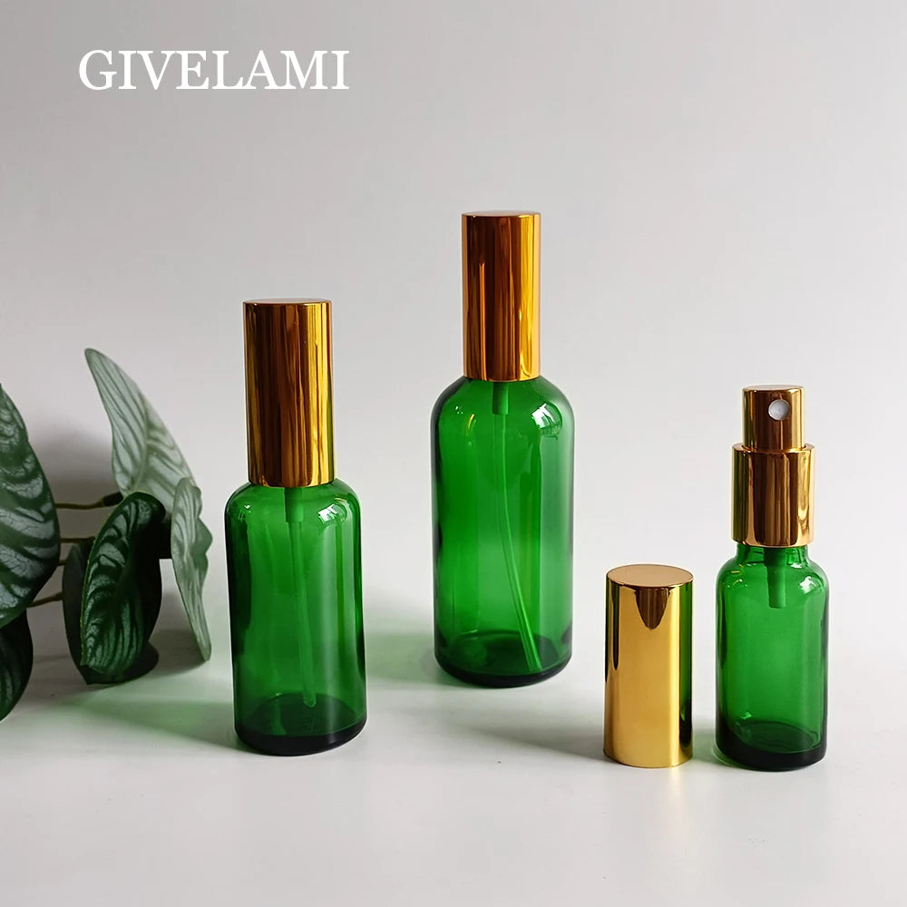 Wholesale 5ml 10ml 15ml 20ml 30ml 50ml 100ml Round Clear Green Glass Spray Bottle with Golden Lid for Skin Care