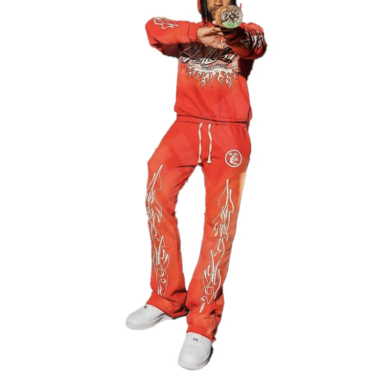 Top Fashion Custom Acid Washed 100% Cotton Flared Sweatpants and Stack Hoodie Sweat Pants Vintage Jogger Set Tracksuit Men