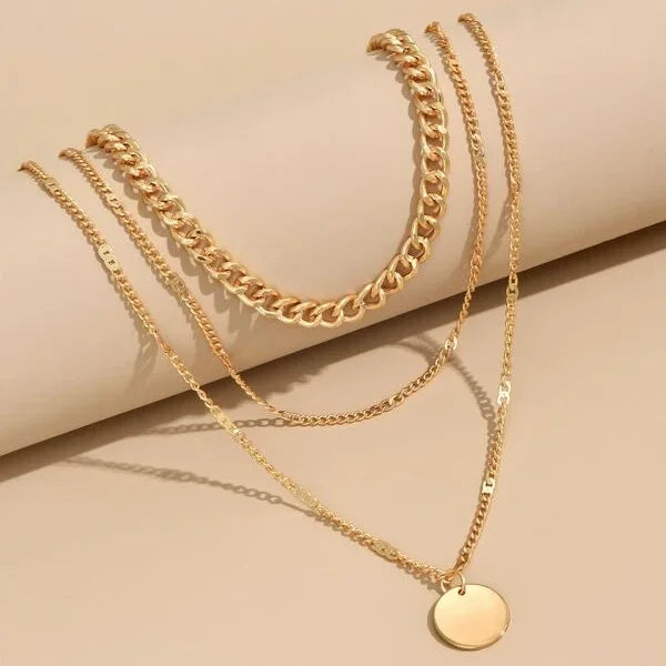 Ins Fashion 18k Gold Plated Clavicle Chain Necklace Stainless Steel Coin Double Layered Necklace for Women