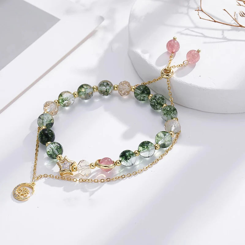 Natural Green Bohemian Double-layer Rhinestone Star Shape Beaded Crystal Bracelet Handmade Gold Plated Women's Party