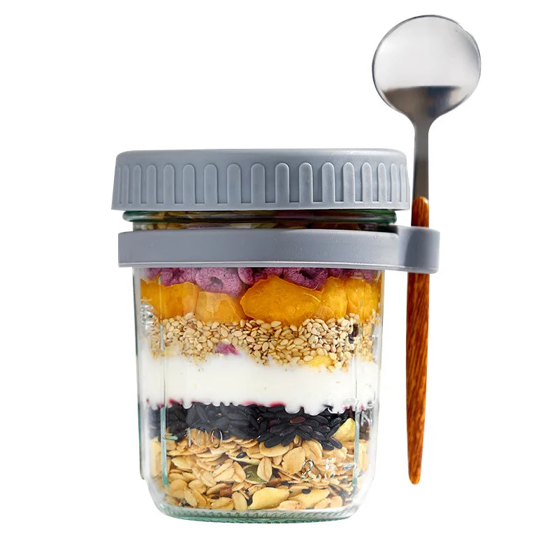 350ml Airtight Glass Jar Breakfast Oatmeal Cereal Cup Overnight Oats Containers with Lid and Spoon with Measurement Marks