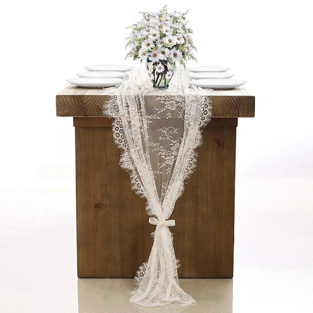 Ourwarm 10-Piece Set White Lace Table Runner & Chair Sash Cloth 35*300cm Wedding Decorative Party Home Decorations Cake Shape