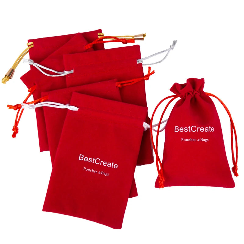 Custom Logo 10x15cm Red Velvet Christmas Gift Bags Drawstring Wedding Favor Jewelry Pouches