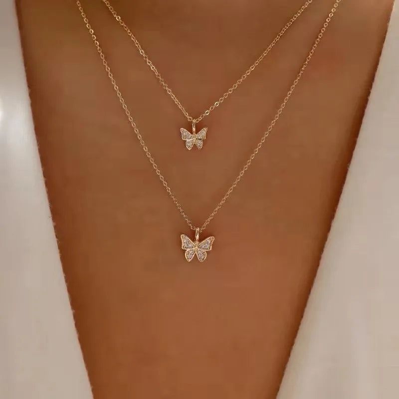 Simple Fashion Two-piece Set Double Butterfly Zircon Necklace Collarbone Chain Necklace Gifts for Women