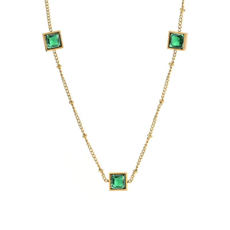 18K PVD Gold Surgical Stainless Steel Necklace Set with Emerald Green Zircon Steel Fashion Women's Jewelry Accessory for Gifts