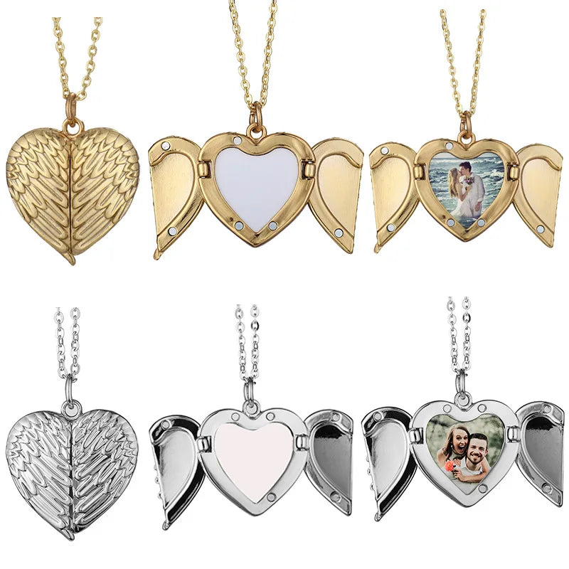 RubySub Heart Lockets Pendant Sublimation Necklace Sublimation Angle Wing Necklace Jewelry