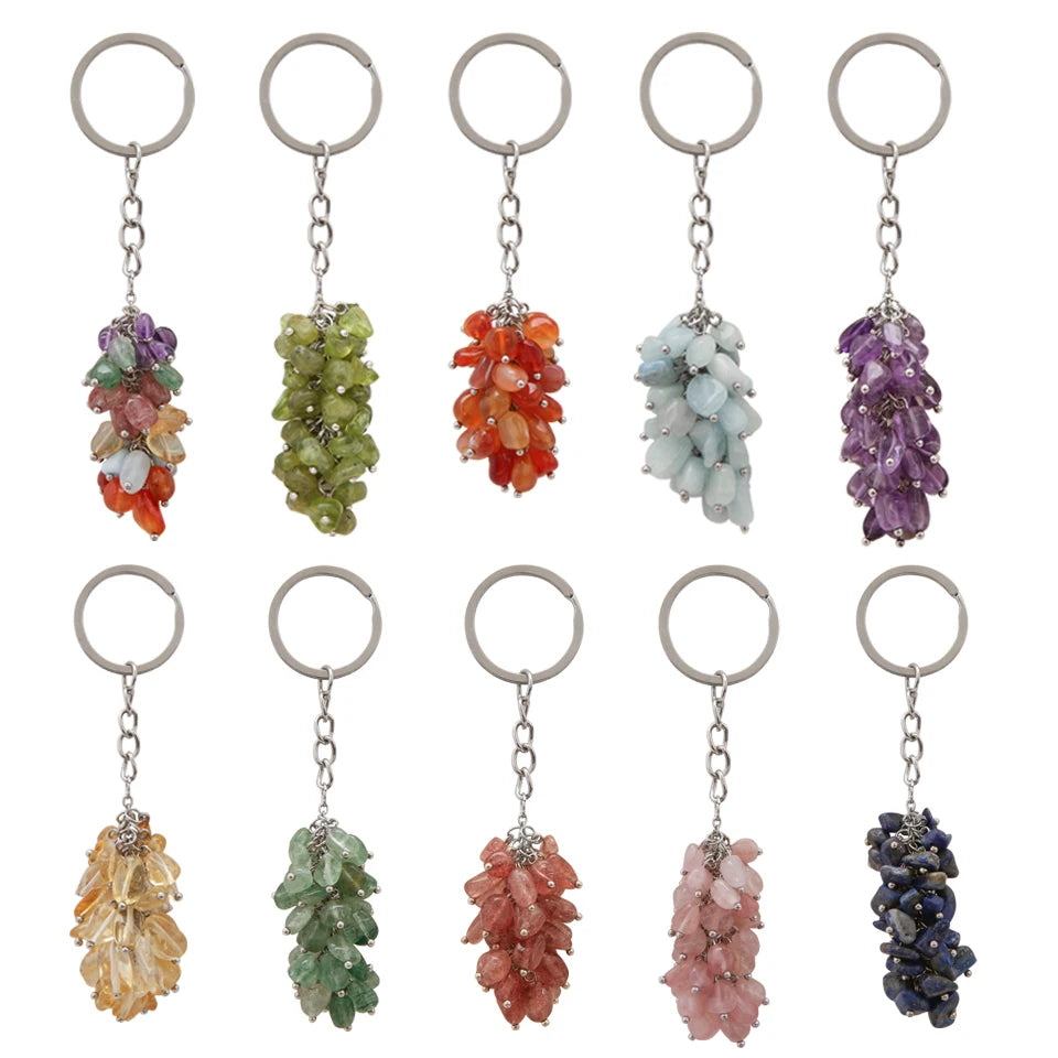 Wholesale Natural Amethyst Rose Quartz Gemstone Pendants Keychain Grape Bunches Keychain