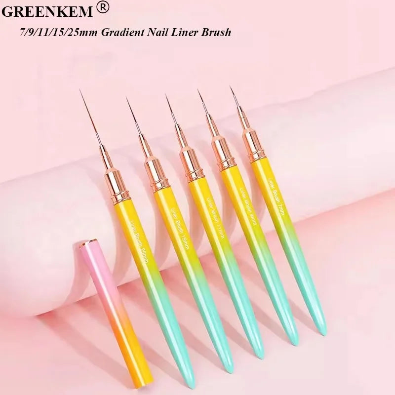 New 3Color Gradient Nail Art Liner Brush 7/9/11/15/25mm Professional Nail Drawing Pens Metal Handle Nail Liner Brush