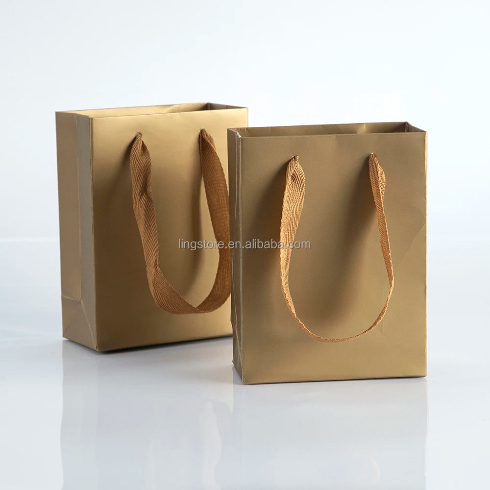 14x7x15cm Custom Luxury Golden Paper Bags With Ribbon Handle Clothing and Flower Jewelry Packaging Shopping Paper Bag