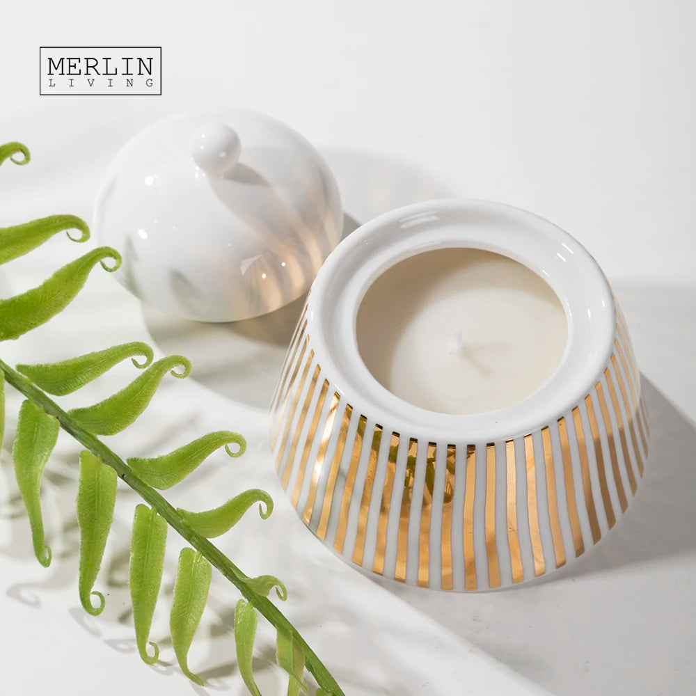 Merlin Living Glossy Glazed Decal Ceramic Candle Holder Modern Home Decor Accessories Ceramic Jar for Candle Jar