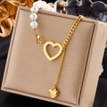 New Pearl Chain 18k Gold Plated Stainless Steel Hollow Love Heart Pendant Necklace for Women