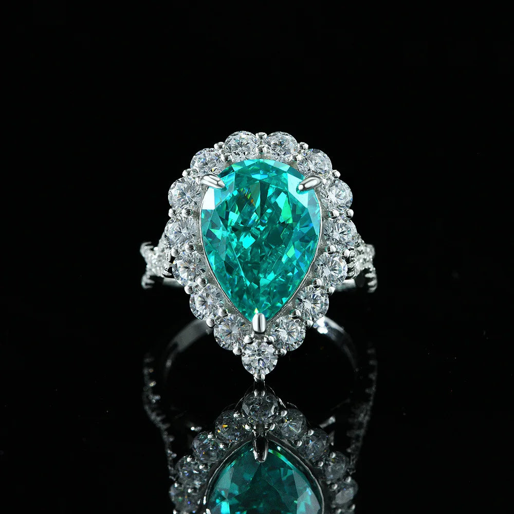 Noble New Designs Trendy Wedding Pear Shape Silver Ring Synthetic Paraiba Tourmaline 925 Silver Women's Engagement Ring 10x14mm