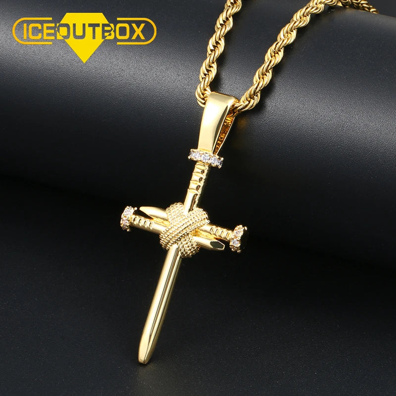 Hot Selling Hip Hop Jewelry Bling 18K 14K Gold Plated Brass Copper Full CZ Diamond Jewelry Nail Cross Pendant Necklace