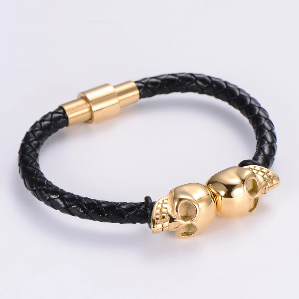 Men's Stainless Steel Gold Skull Jewelry Charm Leather Bracelets Acero Inoxidable Major Joyas Fashionable Accessories