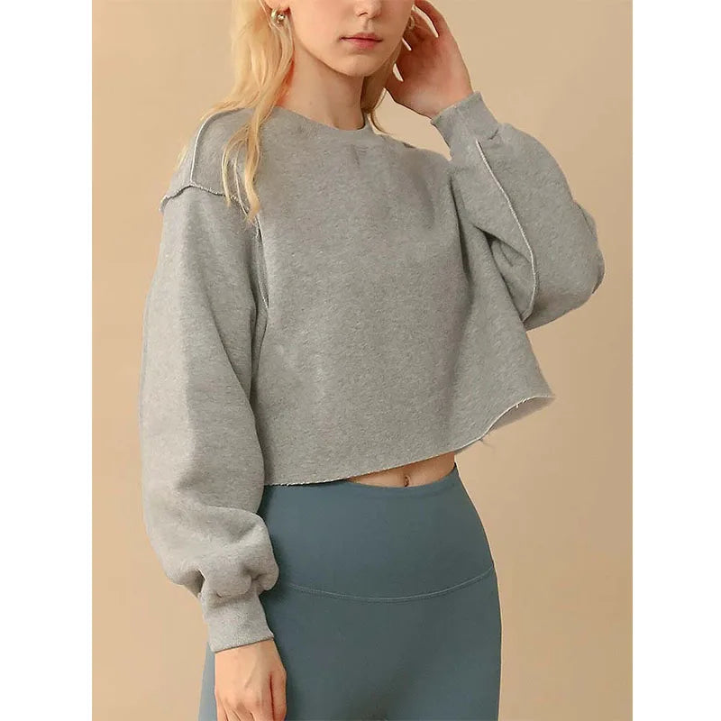12% Cotton  Pullover Crop Top Hoodies Long Sleeve Fitness Top Casual and Sustainable With Lined Collar for Winter Sportswear
