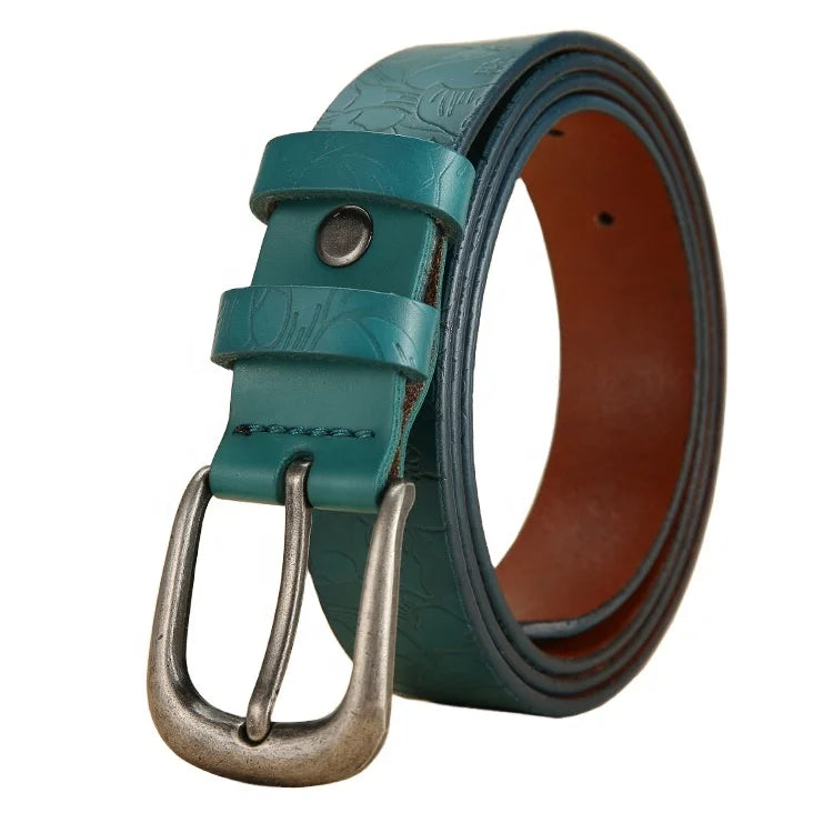 Wholesale Vintage Ladies Smooth Pin Buckle Genuine Leather Embossed Flower Woman Belt