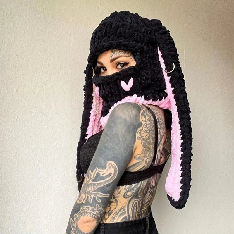 Knitted Crochet Custom Distressed Balaclava with Skull Winter Printed Bunny Ears Designer Fuzzy Tactical Skimask with Horns
