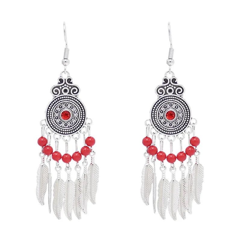 Fashion Women's Girl Metal Alloy Bohemian Tassel Hook Earrings Vintage Long Ethnic Boho Hanging Drop Gemstone Earrings for Women