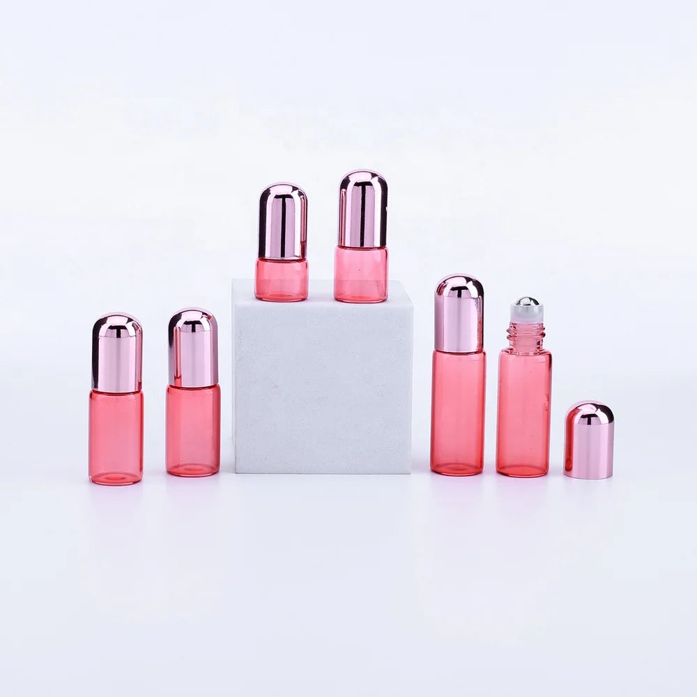 Wholesale Empty 1ml 2ml 3ml 5ml Pink Glass Roll on Bottle with Rose Gold Cap for Essential Oil Serum Perfume Packaging