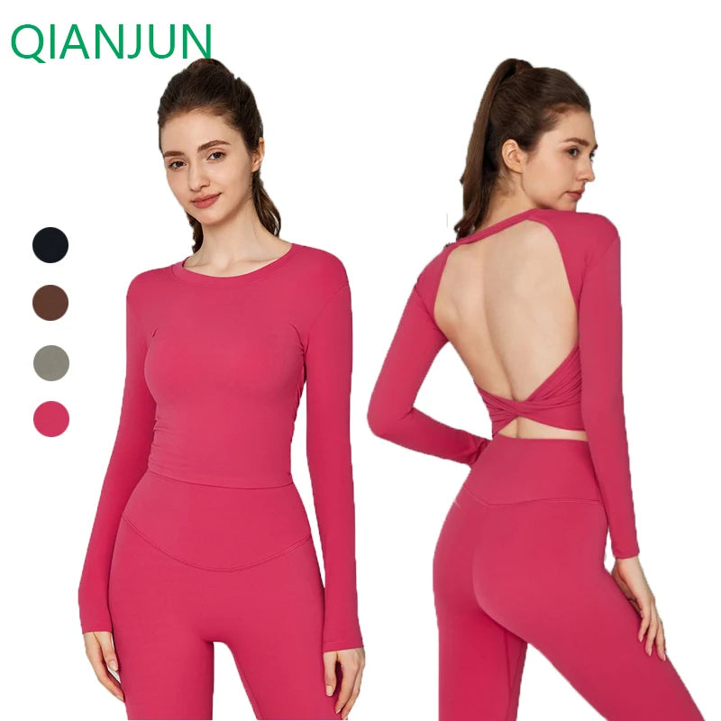 2025 New Women Long Sleeve Yoga Tops Fitness Workout Sports Shirt Women Fitness Activewear Hollow Out Crop Top