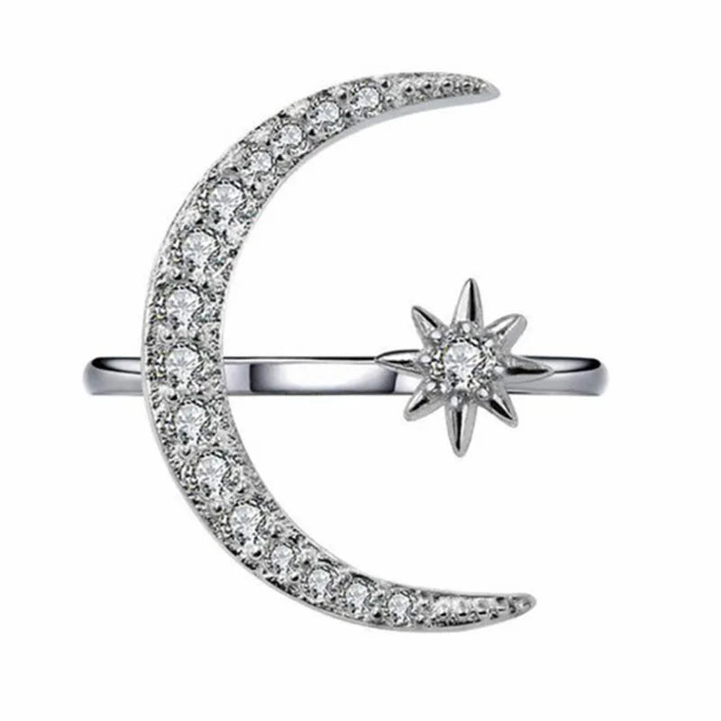 Moon and Star Adjustable Ring Simple Diamond Opening Adjustable Couple Ring Diamond-encrusted Crescent Star Moon Ring for Ladies