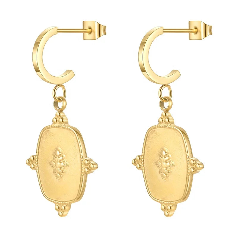18K Gold Plated Stainless Steel Jewelry C Shaped Rectangle Print Pendant Drop Earrings E211241