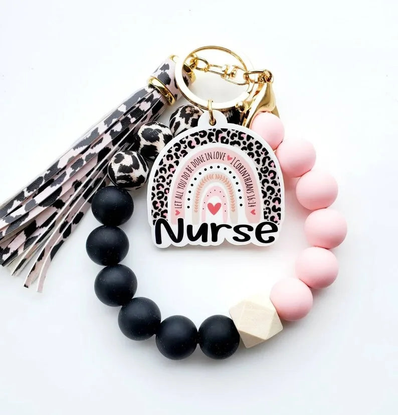 Hertiny New Custom Silicone Wood Beads Personalized Keyring Creative Acrylic Pendant Tassel Cut Keyring Wristlet for Nurse Gift