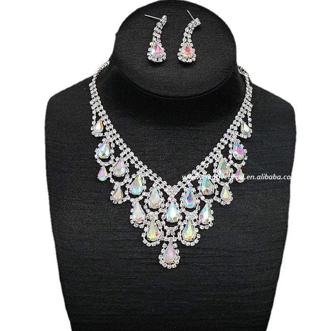 Wholesale Fashion Elegant Water Drop Leaf Crystal Rhinestone Bridal Wedding Necklaces Earrings Jewelry Sets
