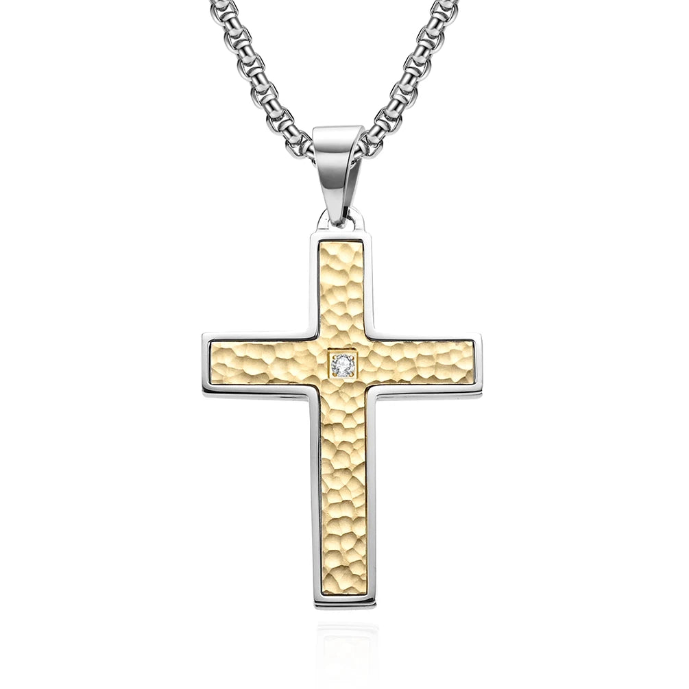 Alin Wholesale Stainless Steel Hammered Zircon Cross Pendant Box Chain Necklace Jewelry for Men
