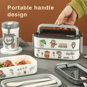 Custom Logo Portable Handle Lunch Box Kids 2 Layer Compartment Tiffin Bento Box Microwave Plastic Food Warmer Lunch Box