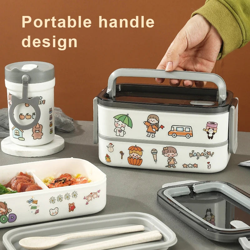 Custom Logo Portable Handle Lunch Box Kids 2 Layer Compartment Tiffin Bento Box Microwave Plastic Food Warmer Lunch Box