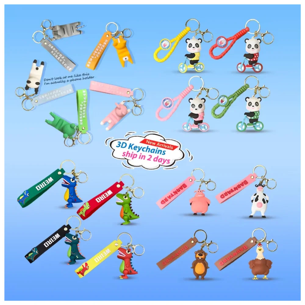 3D PVC Keychain New Arrival Cute Animals Dinosaur Cat Panda Phone Hold Keyring Custom Cartoon Key Chain Holiday Gifts Souvenir