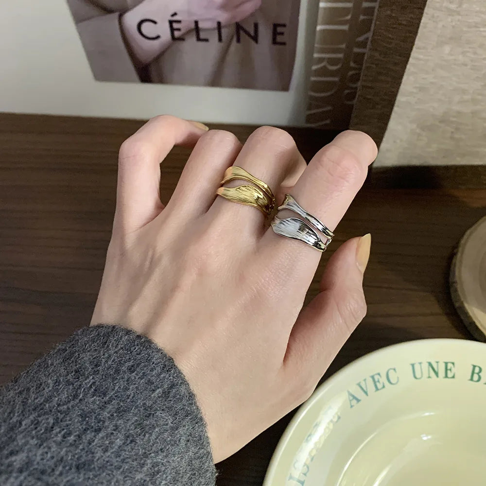 High End Horseshoe Lotus Hollow Leaf Ring Stainless Steel Tarnish-Free Waterproof Irregular Fashion Jewelry Open Ring Women