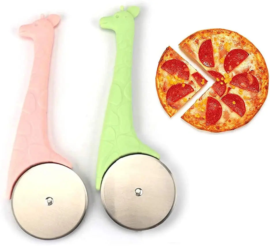 Round Pizza Cutter Stainless Steel Baking Slicer Giraffe Handle Sharp Rotating Blades Pizza Rolling Wheel